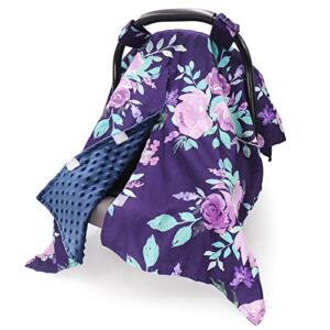Car Seat Cover for Babies, Purple Flower Peekaboo Opening Minky Carseat Canopy for Newborn, Multiuse, Mom Nursing Breastfeeding Covers, Minky Blanket for Infant Toddler