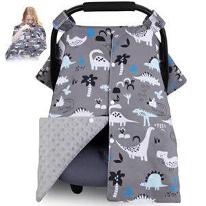 Dinosaur Car Seat Covers for Babies, Rquite Minky Breathable Carseat Canopy with Peekaboo Opening Mom Nursing Cover Infant Car Seat Canopy Baby Essentials for Spring Autumn Winter