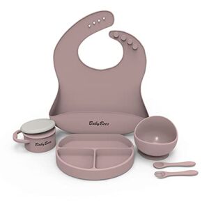 BabyBees Baby Feeding Set – Premium Toddler Utensils with Bib, Baby Plate, Bowl Fork and Spoon, Snack Cups – Non-BPA Silicone Material – Fun Modern Colors – Microwave and Oven Safe (Grey)