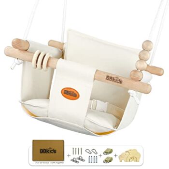 BBkids Indoor Baby Swing, Canvas Baby Swing, Wooden Hammock Hanging Swing Seat Chair with Safety Belt, Outdoor Kids Toddler Baby Tree Swing, Full Set of Ceiling Screws. (Cream) | The Storepaperoomates Retail Market - Fast Affordable Shopping