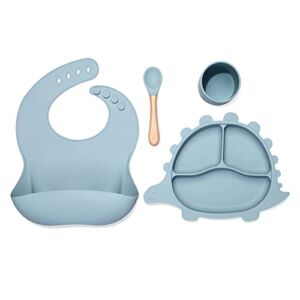HongHong Silicone Baby Feeding Set – Bib, Dinosaur Shape Plate for with Suction, Drinking Cup and Led Weaning Spoon Toddler Self Training Eating Dishes Supplies, Dusty Blue, 25*30*5cm, (SF002)