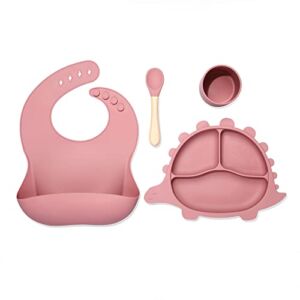HongHong Silicone Baby Feeding Set – Bib, Dinosaur Shape Plate for with Suction, Drinking Cup and Led Weaning Spoon Toddler Self Training Eating Dishes Supplies, Dark Pink, 25*30*5cm, (BC001)