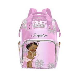 SunFancy Personalized Pink Crown Diaper Backpack with Name Text Large Capacity Custom Multi-Function Bag Unisex Travel Backpack for Mom Dad Boy Girl, 10.83inch L * 6.69inch W * 15inch H