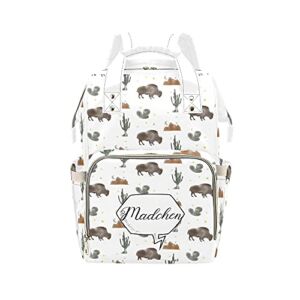 SunFancy Personalized Bison Cactus Moon Diaper Backpack with Name Text Large Capacity Custom Multi-Function Bag Unisex Travel Backpack for Mom Dad Boy Girl, 10.83inch L * 6.69inch W * 15inch H