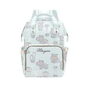 SunFancy Personalized Cactus and Hippos Diaper Backpack with Name Text Large Capacity Custom Multi-Function Bag Unisex Travel Backpack for Mom Dad Boy Girl, 10.83 in L x 6.69 in W x 15 in H, Option