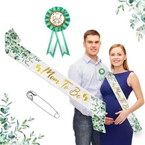 Neutral Sage Green Mom to Be Sash Baby Shower Dad to Be Pin, Gold Glitter Letters Eucalyptus Leaves Greenery Satin Sash Corsage for Pregnant Mommy Gift Party Decorations