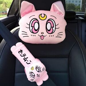 QFXFL Sailor Moon Car Pillow Accessories – Moon Pals Cartoon Cute Decoration Head Auto Rest Cushion with Safety Belt Cover & Keychain – Anime Seat Headrest Neck Rest Cushion Pillow, 5 Pcs, Pink