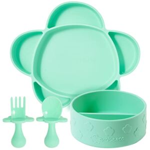 Grabease 4-Piece Stay-Put Table Set for Babies & Toddlers 6 Months & Up: Silicone Section Plate & Divided Bowl with Suction Bottoms Plus Self-Feeding Spoon & Fork; BPA-Free, Dishwasher Safe (Mint)