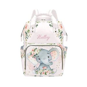 Personalized Pink Flower Elephant Diaper Backpack with Name Text Large Capacity Custom Multi-Function Bag Unisex Travel Backpack for Mom Dad Boy Girl