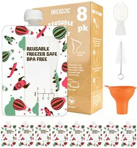 Brexonic Baby Food Storage Pouches Reusable Baby Food Pouches for Baby Food, Purees & Smoothies for Toddlers – Kids Refillable & Squeeze Pouches Include Funnel, Extra Caps, Spoon & Brush
