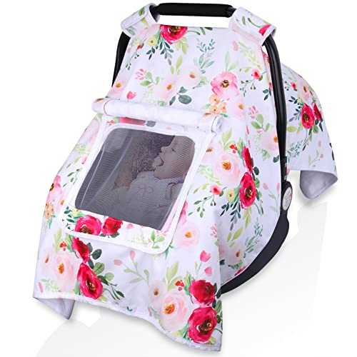Baby Car Seat Cover, Infant Carseat Canopy with 2 Layers Windows, Breathable Mesh Peep Window, Kick-Proof Carrier Cover for Boys Girls, Windproof Stroller Cover Shower Gift for Newborn (Flower) | The Storepaperoomates Retail Market - Fast Affordable Shopping