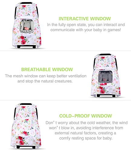 Baby Car Seat Cover, Infant Carseat Canopy with 2 Layers Windows, Breathable Mesh Peep Window, Kick-Proof Carrier Cover for Boys Girls, Windproof Stroller Cover Shower Gift for Newborn (Flower) | The Storepaperoomates Retail Market - Fast Affordable Shopping