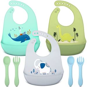 3 Pack Silicone Bibs for Babies with Spoon Fork Silicone Feeding Bibs for Toddlers Boys Kids Girls (Vivid Style)