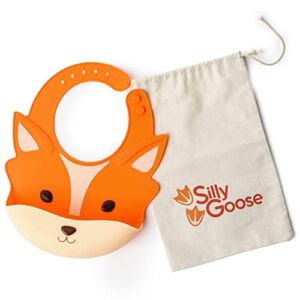 Silly Goose Silicone Animal Baby Bibs for Babies and Toddlers, Waterproof, Adjustable, Soft, Extra Wide Food Catcher Pocket (Baby Fox)