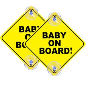 2PCs Baby On Board Signs- Suction Cups – Kids On Board Car Sticker – Waterproof Baby on Board Car Accessories Sign- Car Signs Baby On Board for Car Window Bumper Stickers