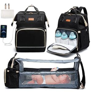 Diaper Bag Backpack with Changing Station, KUAK Portable Baby Bags for Boys Girl, Travel Waterproof Large Nappy Bag with Bassinet Bed Stroller Straps, Baby Gifts for Mom Dad, Black