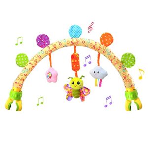 Adjustable Baby Travel Play Arch, Cute Activity Animal Arch Mobile Toys for Bassinet Crib Stroller Pram Car Seat Mobiles with Rattles Wind Chimes BB Squeaker (Yellow)