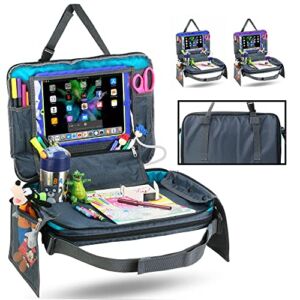 KEOLAKIDS Kids Car and Booster Seat Travel Tray Organizer with Detachable Top, Lap Tray, Updated Headrest Straps, Zippered Storage, Tablet holder with Charger Openings (Teal)