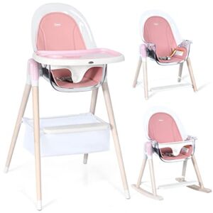 INFANS 4 in 1 Wooden Baby High Chair, Rocking Chair/Booster Seat/Toddler Chair Infant Dining Chairs w/ Double Removable Tray, 3-Point Seat Belt & Removable Cushion (Pink)