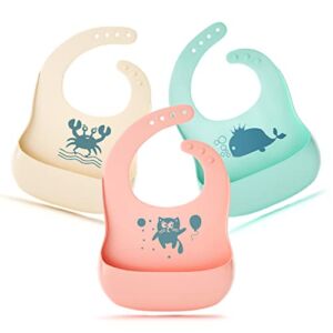 Silicone Bibs, Haysofy 3 Pack Silicone Baby Bib for Babies & toddlers, Soft Adjustable Fit Waterproof Bibs