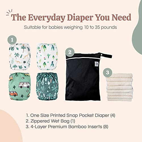 LA PETITE OURSE 4 One Size Printed Snap Cloth Diaper with 8 4-Layer Premium Bamboo Inserts + 1 Free Wet Bag, for Babies Weighing 10–35 Pounds – Nature | The Storepaperoomates Retail Market - Fast Affordable Shopping