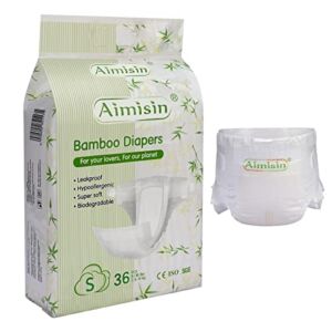 Aimisin Bamboo Disposable Baby Diapers Plant-Based Biodegradable Soft Absorbent Diapers for Babies Hypoallergenic for Sensitive Skin (S(5-16Lbs)-36ct)
