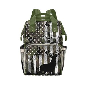 Camo American Flag Deer Antlers Diaper Bags with Name Waterproof Mummy Backpack Nappy Nursing Baby Bags Gifts Tote Bag for Women