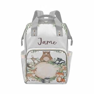 Name Personalized Forest Animal Deer Fox Bear Mommy Diaper Bag for Babies, Casual Nappy Organizer Bag Backpack for Baby, Large Capacity Travel Shoulder Bag