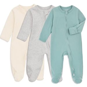 Baby Footie Pajamas with Mitten Cuffs, Double Zipper Infant Cotton Onesie Sleeper Pjs, Footed Sleep Play (0-3 Months, B02-3pcs)