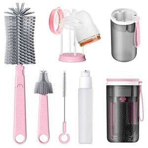 MeryStar Travel Bottle Cleaner Kit, Baby Bottle Brush Set with Silicone, Bottle Cleaner Brush and Drying Rack for Travel and Family Visits, Gift for New Moms (Pink)