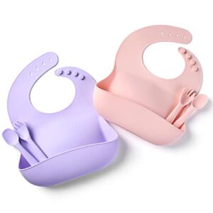 Cibeat Silicone Bibs for Babies, 2 Pack Baby Feeding Bibs with Spoon Fork, Soft Adjustable Fit Waterproof Bibs