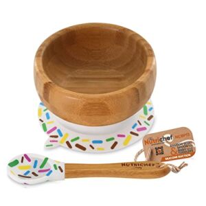 NutriChef Bamboo Baby Feeding Bowl – Wooden Infant Toddler Dish and Spoon Set w/ Silicone Suction Base for Stay Put Eating, BPA-Free, Hypoallergenic, For Children Aged 4-72 Months (Sparkle)