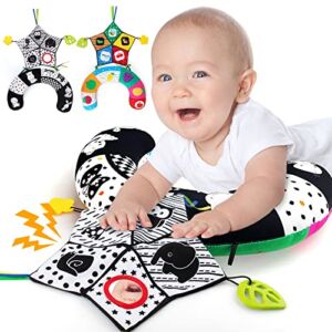 teytoy Tummy Time Pillow with Crinkle Mat & Teethers, Black and White High Contrast Baby Toys with Mirror, Montessori Sensory Crawling Toy for Infant Newborn Toddler Tummy Time Toys 0-6 Months Babies