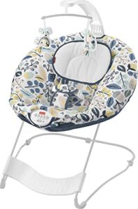 Fisher-Price See & Soothe Deluxe Bouncer – Navy Foliage, Portable Baby seat with Vibrations, Music and Sounds