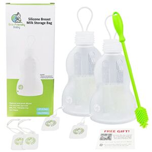 Eco-Friendly Baby Breast Milk Storage Bags, 2 Pack, Reusable 8 oz. Breastmilk Storage Pouches, BPA Free Leak Resistant and Freezer Safe Silicone, Flexible Deep Cleaning Brush