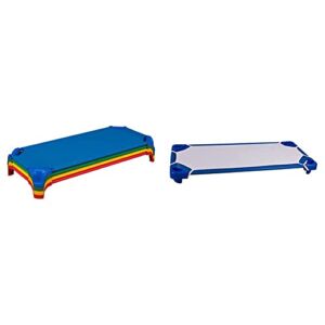 Sprogs Deluxe Heavy-Duty Childrens Standard 52″ L Stackable Daycare Cot, Blue, Green, Red, Yellow (Pack of 4) & Standard Kids Cot Sheet for Stackable Cots for Preschool Daycare and Child Care