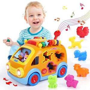 Toy Cars for 1 Year Old Boy Gifts Baby Toys 12-18 Months, Musical Learning Toys for Toddlers 1-3, Educational Baby Bus with Animal Blocks, Christmas Birthday Gift for 1 2 3 4 Year Old Boys Girls Kids