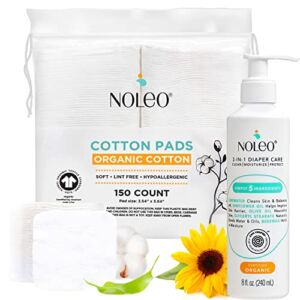 Noleo Organic Cotton Pads with 3-in-1 Diaper Care – 150ct Large & Pressed Cotton Squares 3.54×3.54in Pads – 8oz All in One Baby Cleanser, Baby Lotion & Diaper Rash Cream