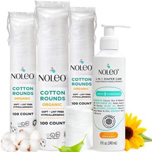 Noleo 3in1 Diaper Care with Organic Cotton Rounds – 300ct Lint Free Small Cotton Rounds – 8oz All-in-One Baby Cleanser, Lotion & Diaper Rash Cream