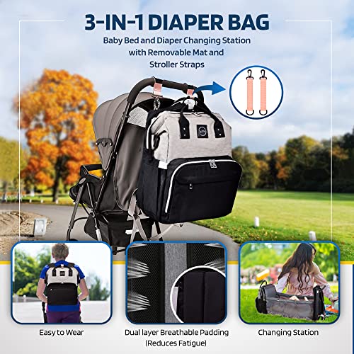 EC Carry Diaper Bag Backpack with Changing Station, Portable Baby Bag with Bassinet Bed, Waterproof, Multi-function, & Foldable Large Capacity with USB Charging Port, Gifts for Mom Dad | The Storepaperoomates Retail Market - Fast Affordable Shopping