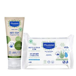 Mustela Baby Diapering Bundle – Baby Diaper Care Essentials – Contains Water Wipes with Organic Cotton & Natural Diaper Cream – 2 Items Set