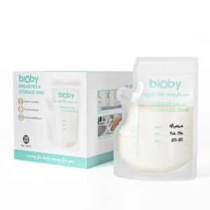 Bioby 100 Pcs Breast Milk Storage Bags – 8 OZ，Pre-Sterilized, BPA Free, Self-Standing Bag, Space Saving Flat Profile, Ready to Use, for Refrigeration and Freezing