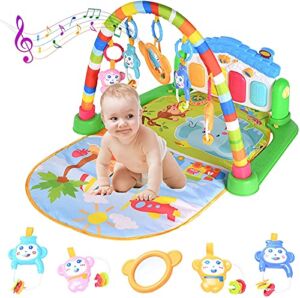 Miciao Baby Play Gym Activity Mat for Floor,Jungle Gym with Kick Play Piano,Tummy Time Mat Activity Center with 5 Rattles&Mirror,Baby Toys 0-3 6 Months,Nice Baby Boy Girl Gifts for Infants Newborn