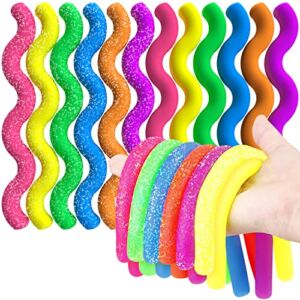 BUNMO 12pcs Stretchy Party Favors for Kids; Glitter & Glow Ages 3 4 5 6 7 8 9 10 11 12 Years; Silly Strings Glow in The Dark Stocking Stuffers for Girls Monkey Noodles; Tactile Sensory Toys