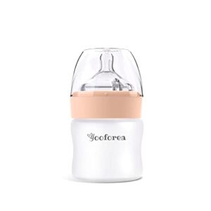 Yooforea Silicone Coated Glass Baby Bottle, 0M+ Slow Flow Nipple I Anti-Colic, Wide Neck, Stable Base I Medical-Grade Silicone Coating for Shatter Protection, BPA BPS PVC Free (3 Ounce-Honey)