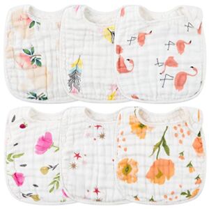 Zainpe 6Pcs Snap Muslin Cotton Bibs for Baby Flamingo Star Flower Bib Machine Washable Adjustable Burp Cloths with 6 Absorbent Soft Layers for Infant Newborn Toddler Drooling Feeding and Teething