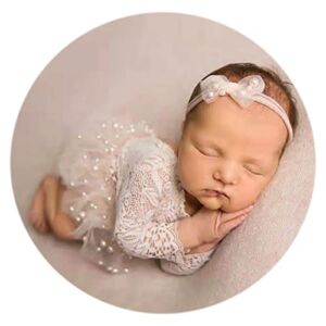 Newborn Photography Outfits Girl Lace Romper Newborn Photography Props Rompers Baby Girls Skirt Photoshoot 3PCS (White-Long Sleeve)