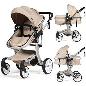BABY JOY 2-in-1 High Landscape Baby Stroller, Reversible Bassinet Reclining Stroller, Foldable Push Chair w/Adjustable Canopy, Storage Bag, Foot Cover, Rain Cover & Net, Aluminum Alloy Frame (Beige)