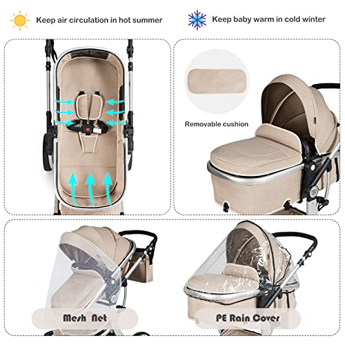 BABY JOY 2-in-1 High Landscape Baby Stroller, Reversible Bassinet Reclining Stroller, Foldable Push Chair w/Adjustable Canopy, Storage Bag, Foot Cover, Rain Cover & Net, Aluminum Alloy Frame (Beige) | The Storepaperoomates Retail Market - Fast Affordable Shopping