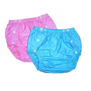 2PCS Adult Incontinence Pants, PVC Waterproof Pants/Adult Diaper/Non Disposable Diaper Incontinence Pants For Adults (Color : Pink+Blue, Size : Small)